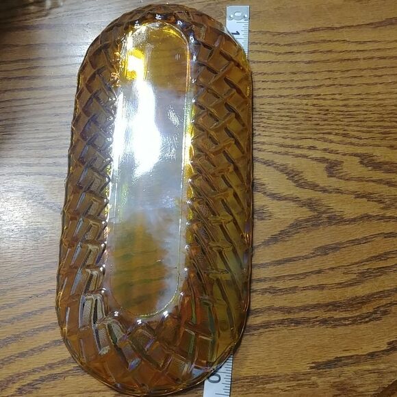 Vintage Carnival Iradescent Rainbow/ Orange Oval Glass Dish w/ Textured outside - Picture 6 of 8